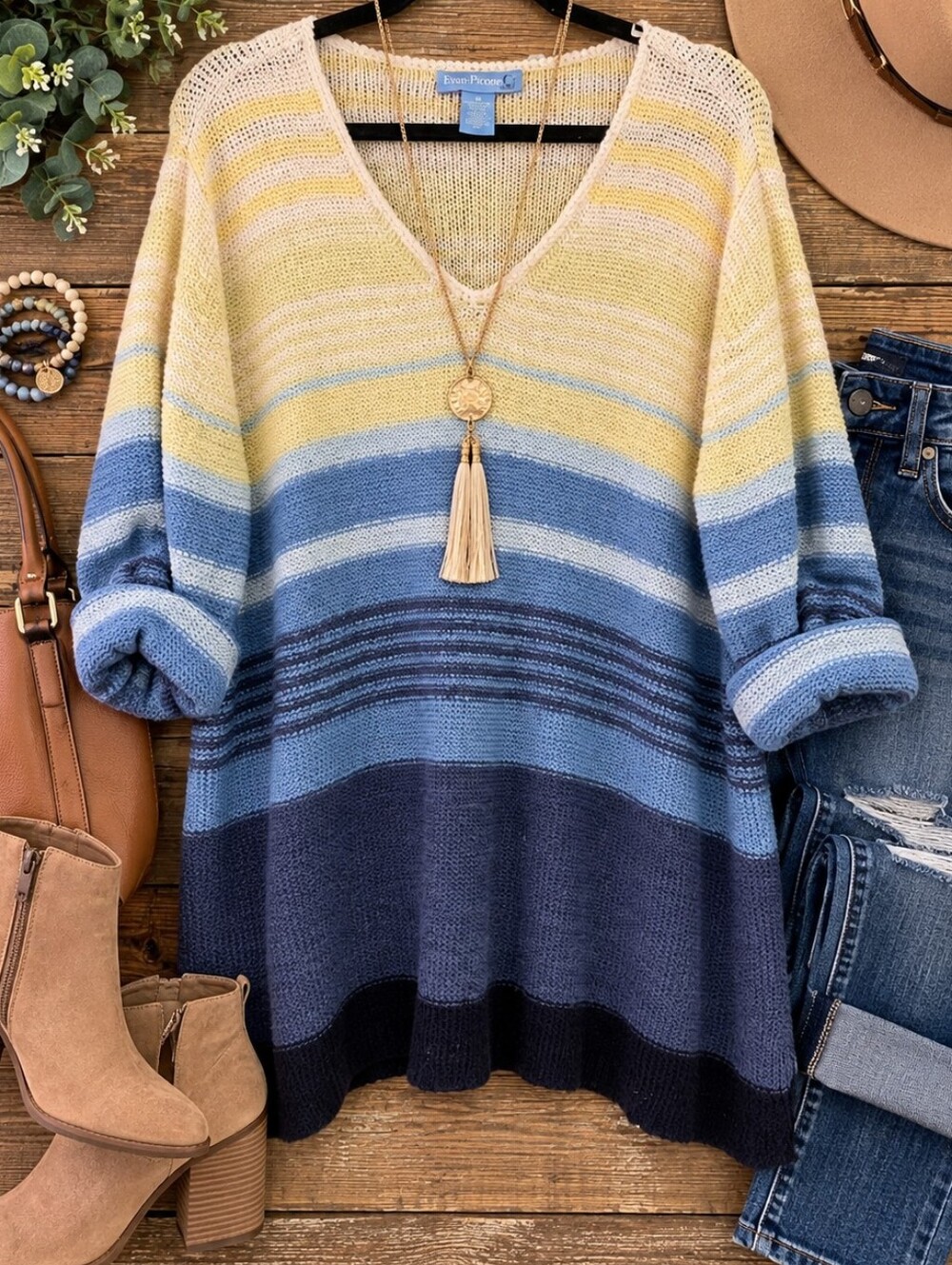 Evan-Picone Striped Open Knit V-Neck Sweater Blue Yellow Size 1X